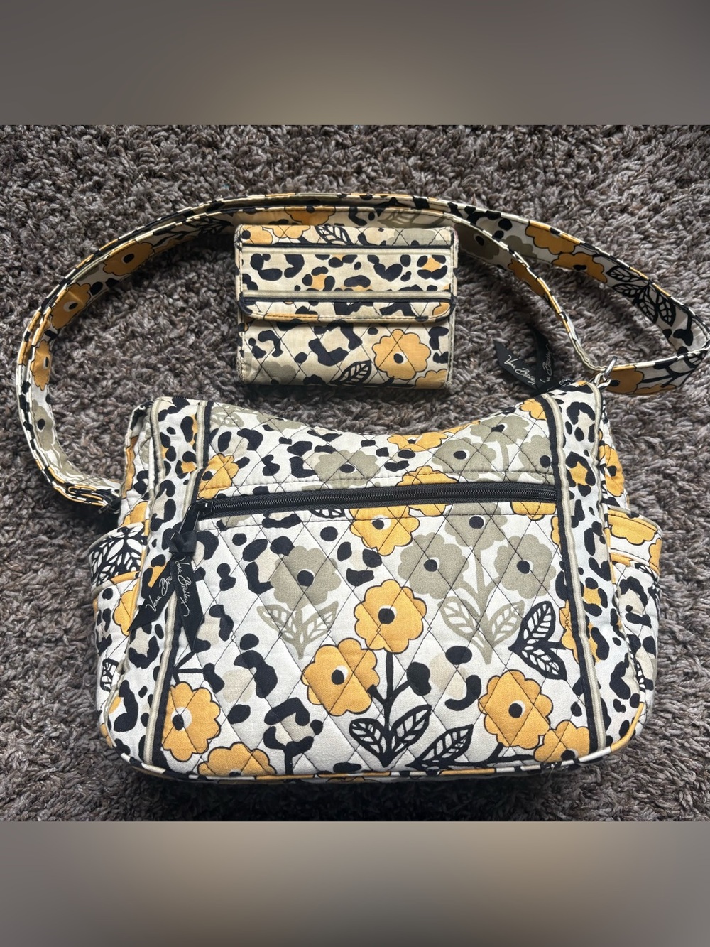 Vera Bradley Quilted Floral Crossbody Bag and wallet in Yellow and Black